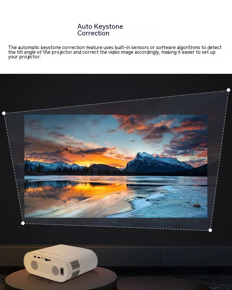 White T07 Full HD smart projector with remote control on flat surface