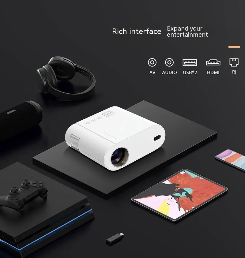 White T07 Full HD smart projector with remote control on flat surface