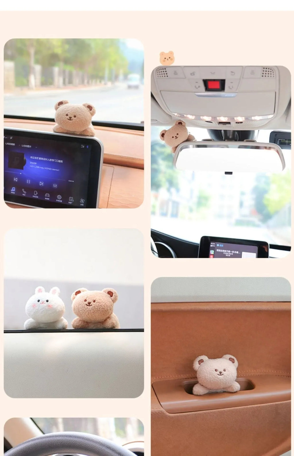 Cartoon-style fabric plush doll for car centre console decoration in bear or rabbit designs
