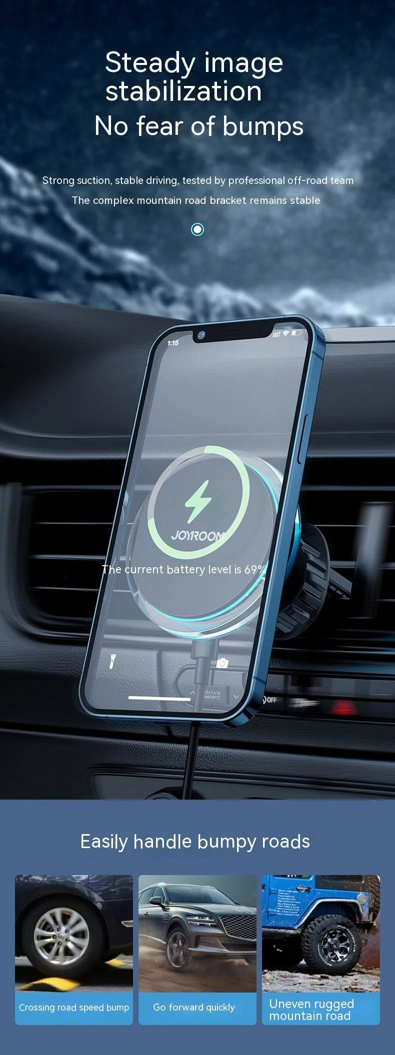 Black magnetic wireless phone charging stand mounted on car air vent