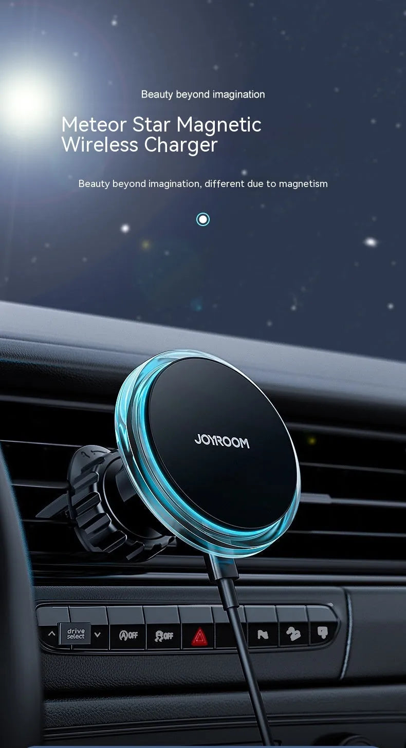 Black magnetic wireless phone charging stand mounted on car air vent