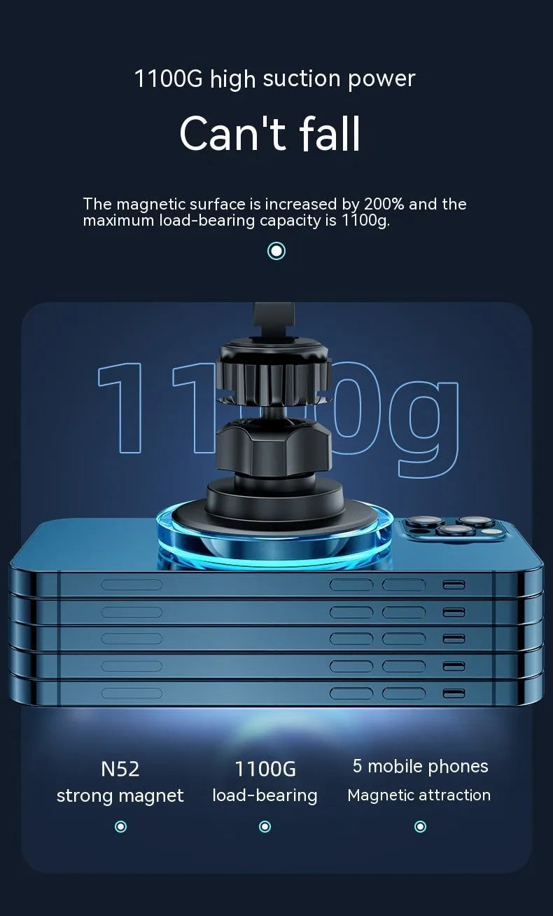 Black magnetic wireless phone charging stand mounted on car air vent