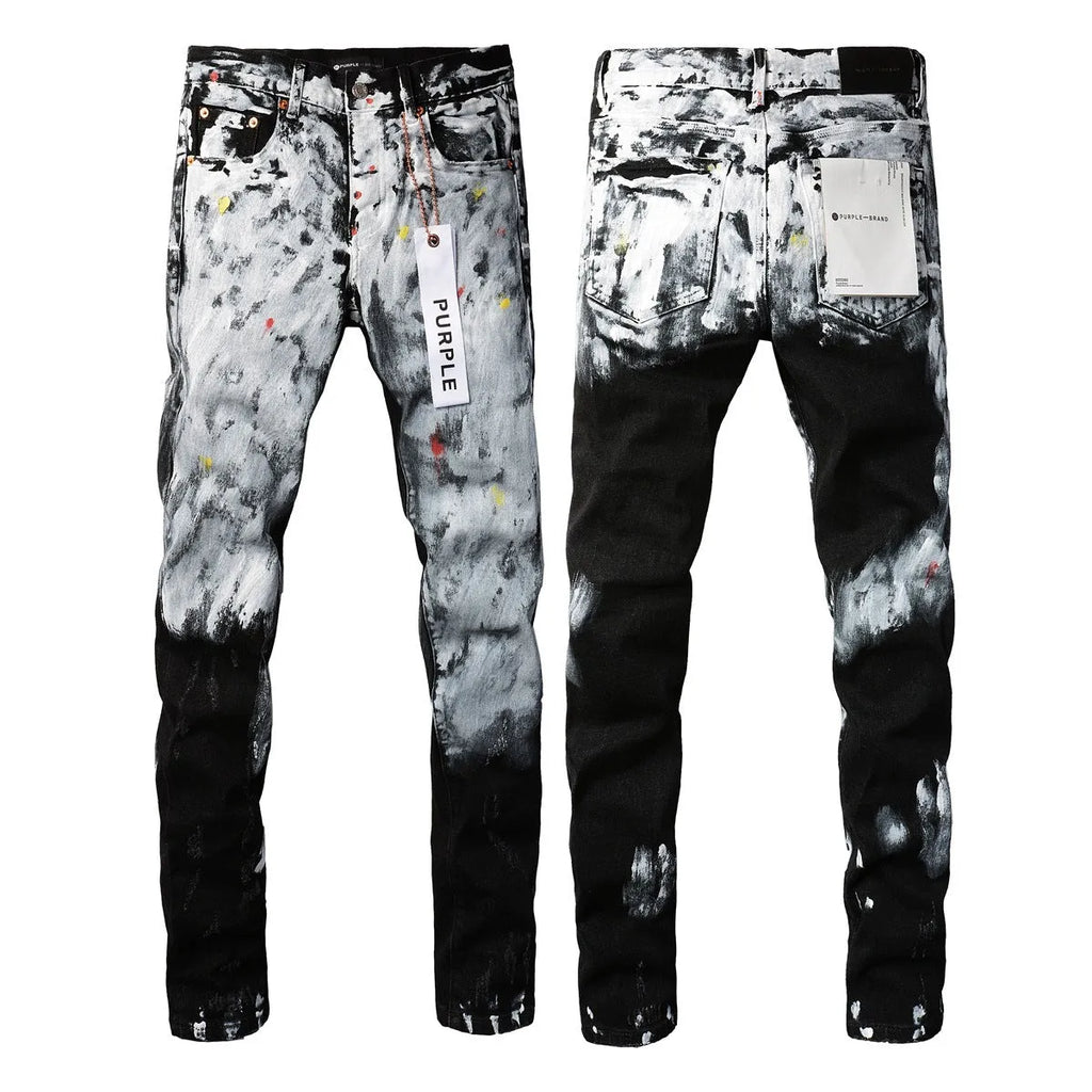 Purple Brand blue denim jeans with crumpled finish, button fly, and skinny fit on a model