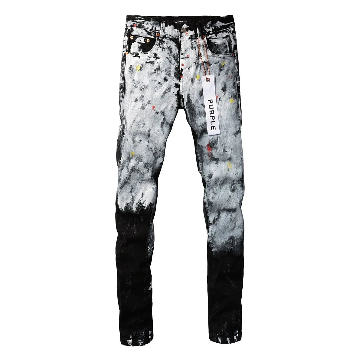 Purple Brand blue denim jeans with crumpled finish, button fly, and skinny fit on a model