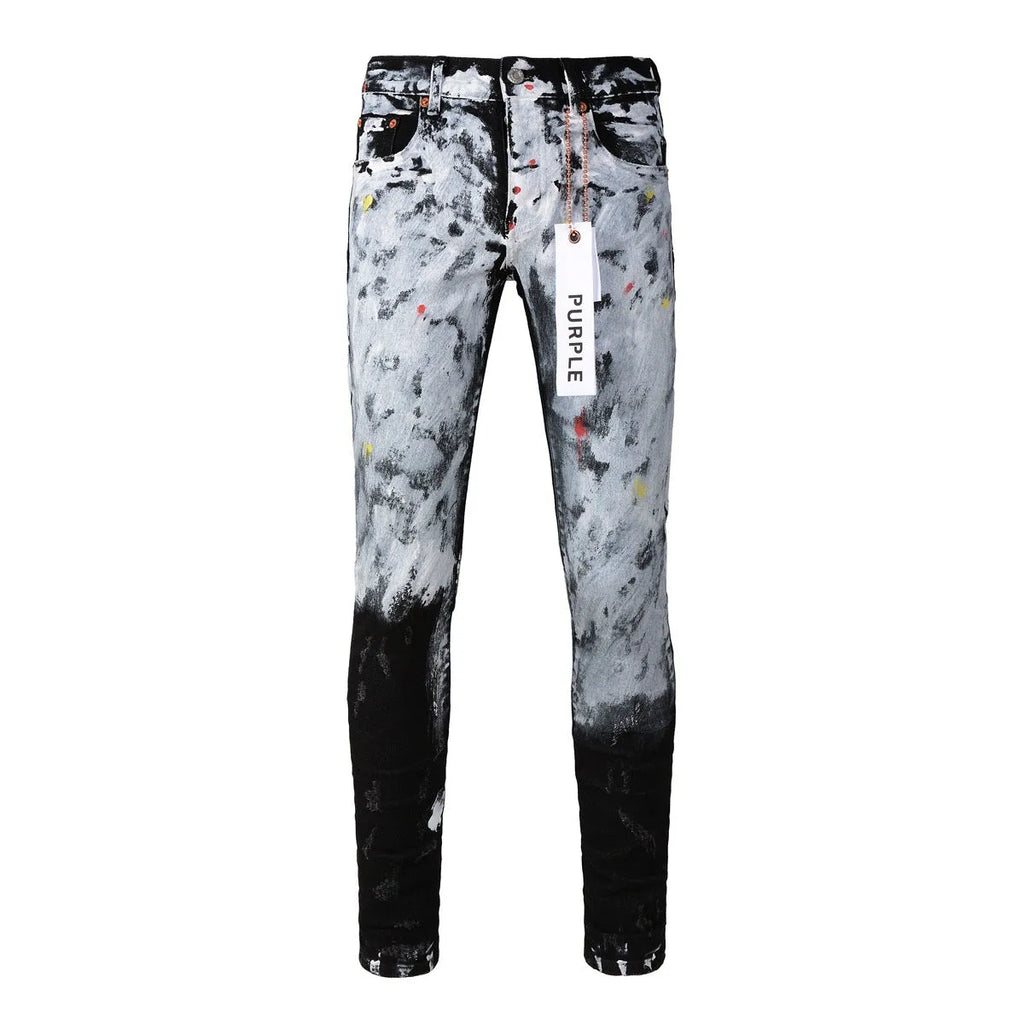 Purple Brand blue denim jeans with crumpled finish, button fly, and skinny fit on a model