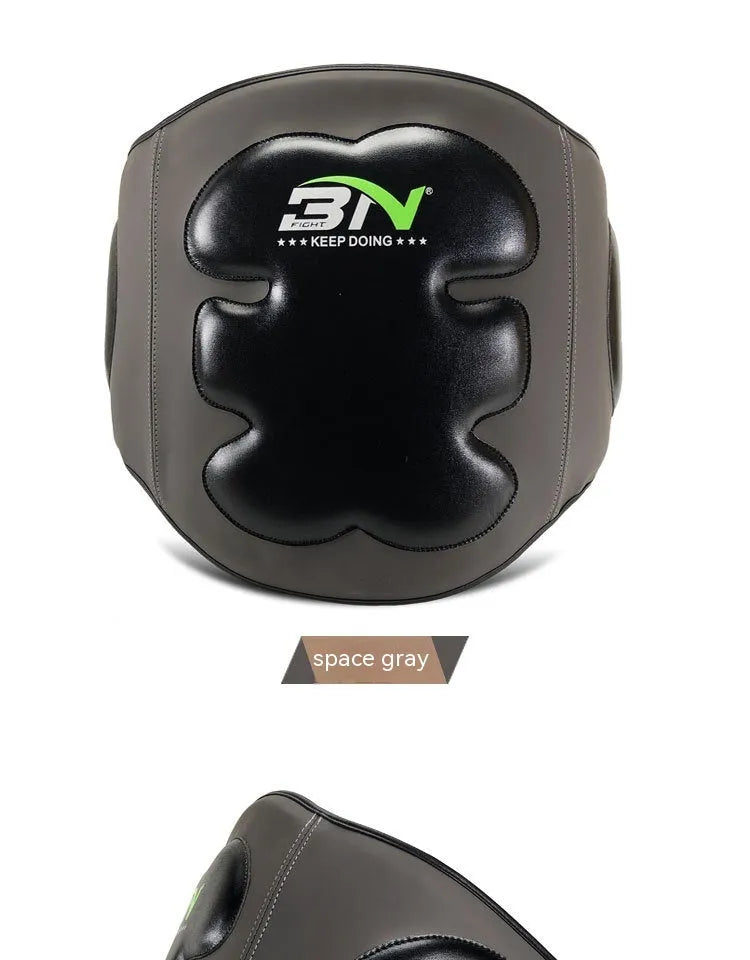 Dark grey Sanda boxing chest protection target for waist safety during martial arts training.