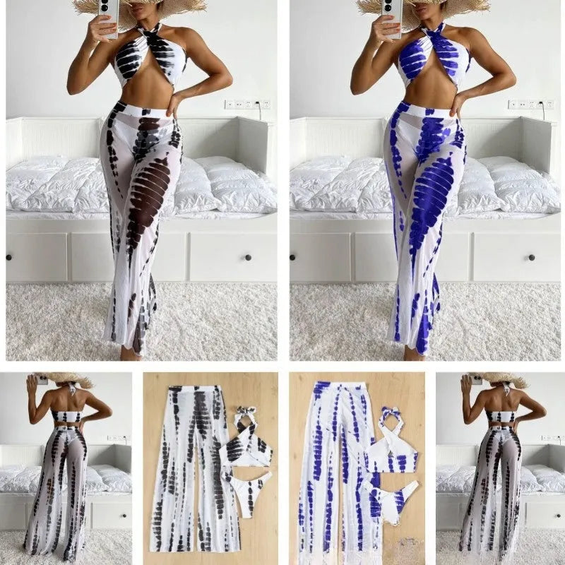 Women's black print three-piece swimsuit set with mesh trousers on hanger