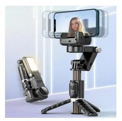 Black anti-shake phone stand with retractable selfie stick and desktop pan tilt on table