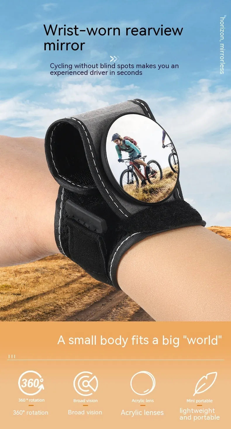 Black nylon bicycle wrist rear-view mirror for cycling safety and improved rearward visibility