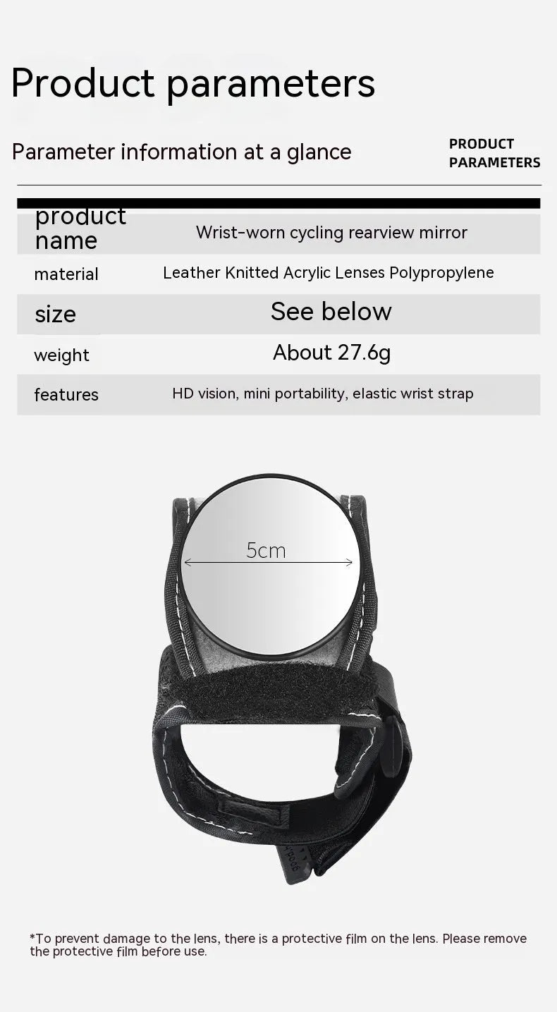 Black nylon bicycle wrist rear-view mirror for cycling safety and improved rearward visibility
