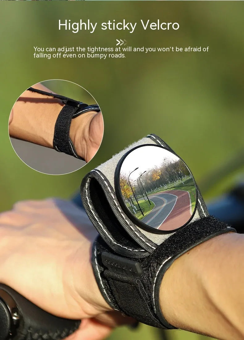 Black nylon bicycle wrist rear-view mirror for cycling safety and improved rearward visibility