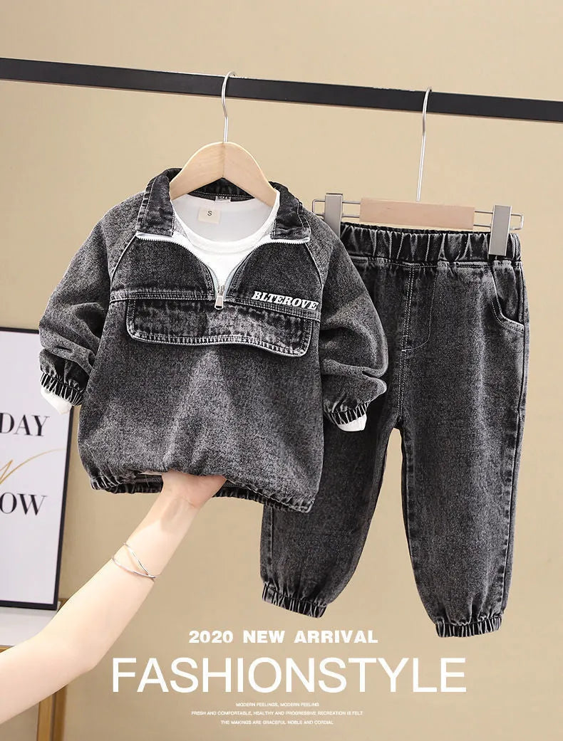 Boys' black denim two-piece suit set with long sleeves and coordinated trousers