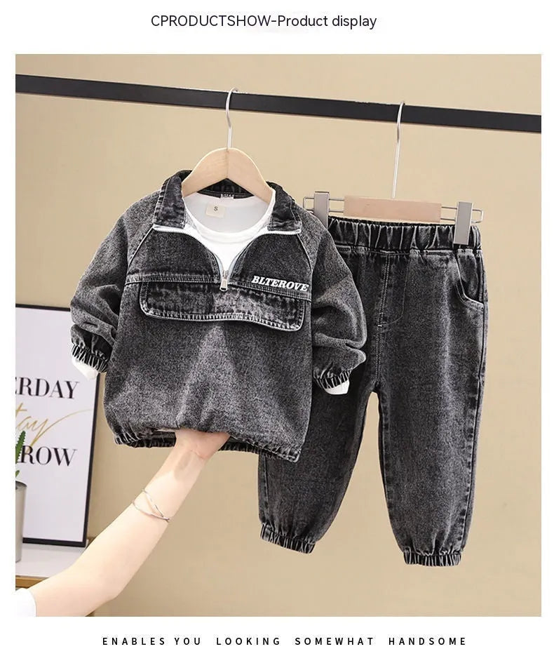 Boys' black denim two-piece suit set with long sleeves and coordinated trousers