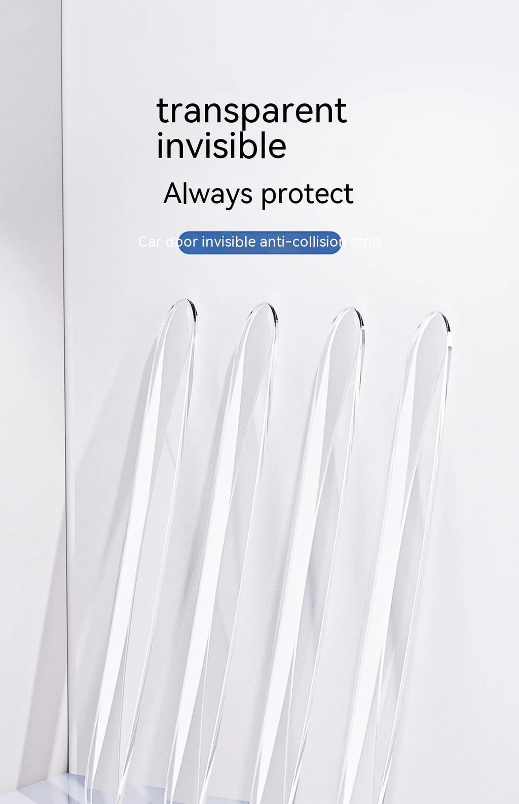 Four invisible car door bumper strips in transparent, black, and white, each 148mm x 14mm x 7mm, for universal car door edge protection.