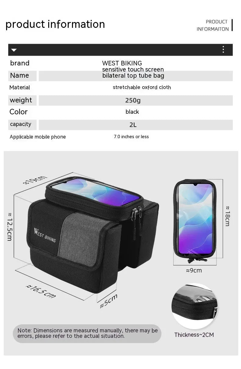 Black and grey bilateral tube touch screen saddle bag with 2L capacity mounted on bicycle