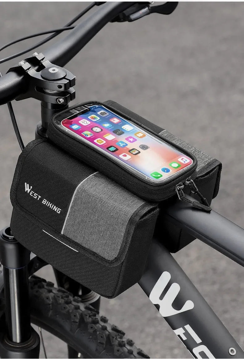 Black and grey bilateral tube touch screen saddle bag with 2L capacity mounted on bicycle