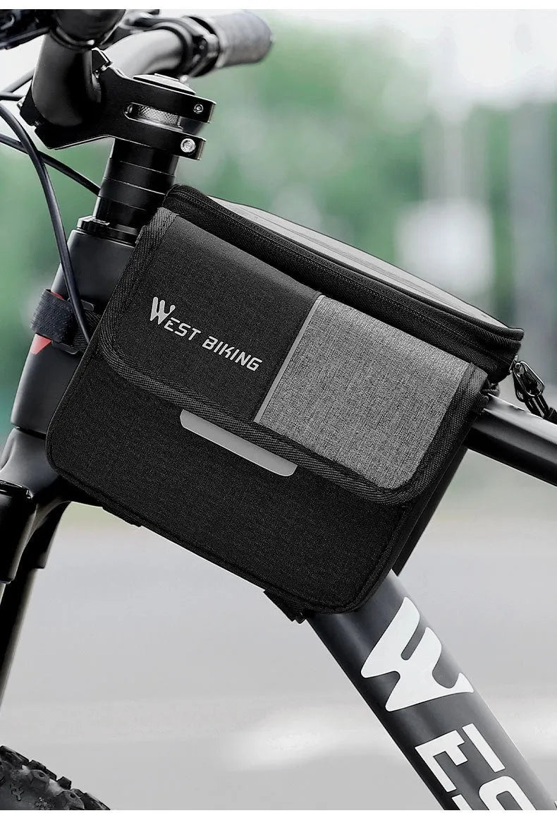 Black and grey bilateral tube touch screen saddle bag with 2L capacity mounted on bicycle