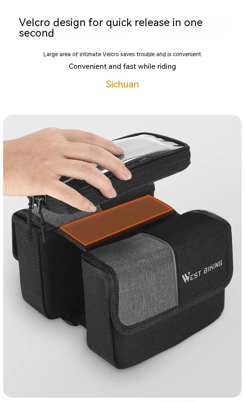 Black and grey bilateral tube touch screen saddle bag with 2L capacity mounted on bicycle