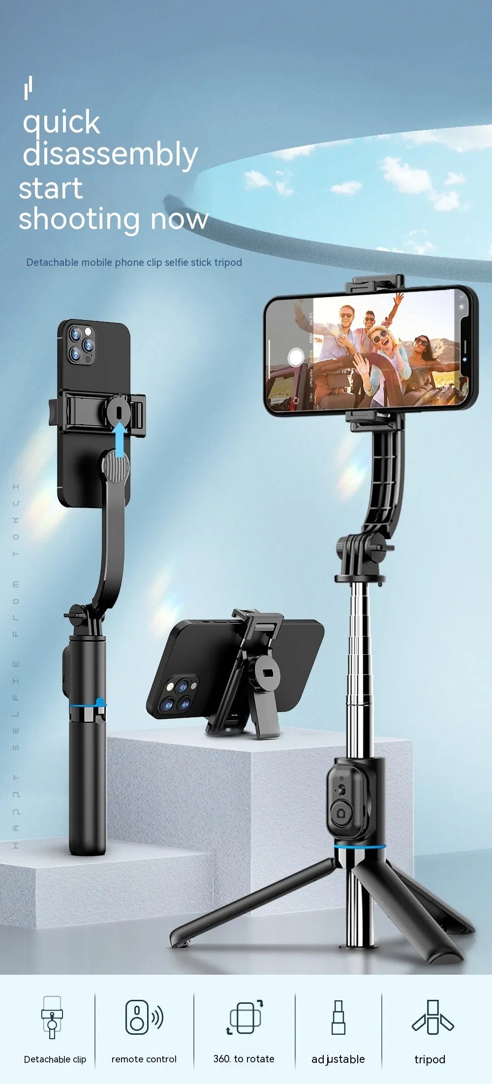 Black detachable desktop stand Bluetooth selfie stick extended to 1060mm with phone in holder