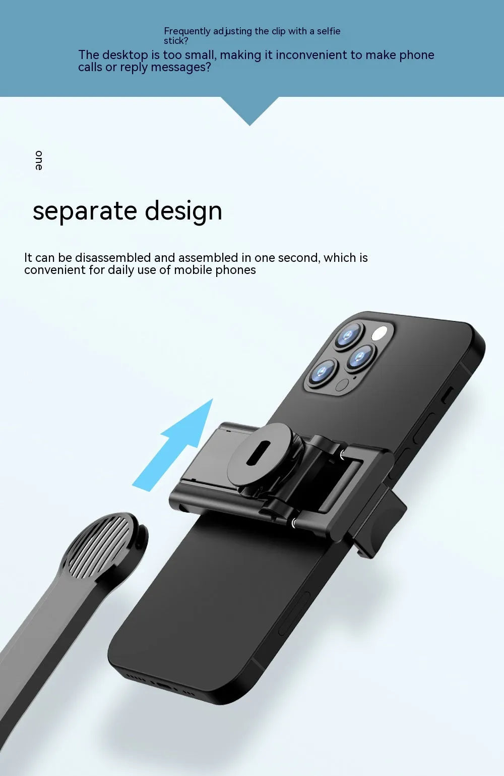 Black detachable desktop stand Bluetooth selfie stick extended to 1060mm with phone in holder