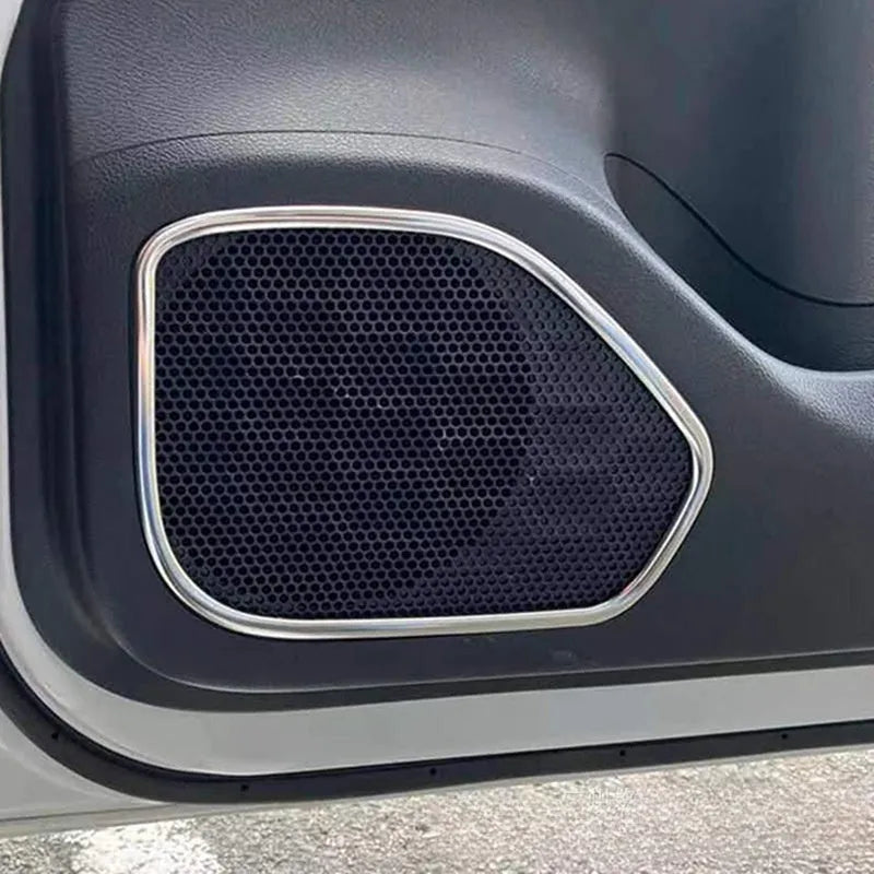 Silver 304 stainless steel trim pieces for ROOX40 series car door audio frame, showing two pieces measuring 270 by 200mm.