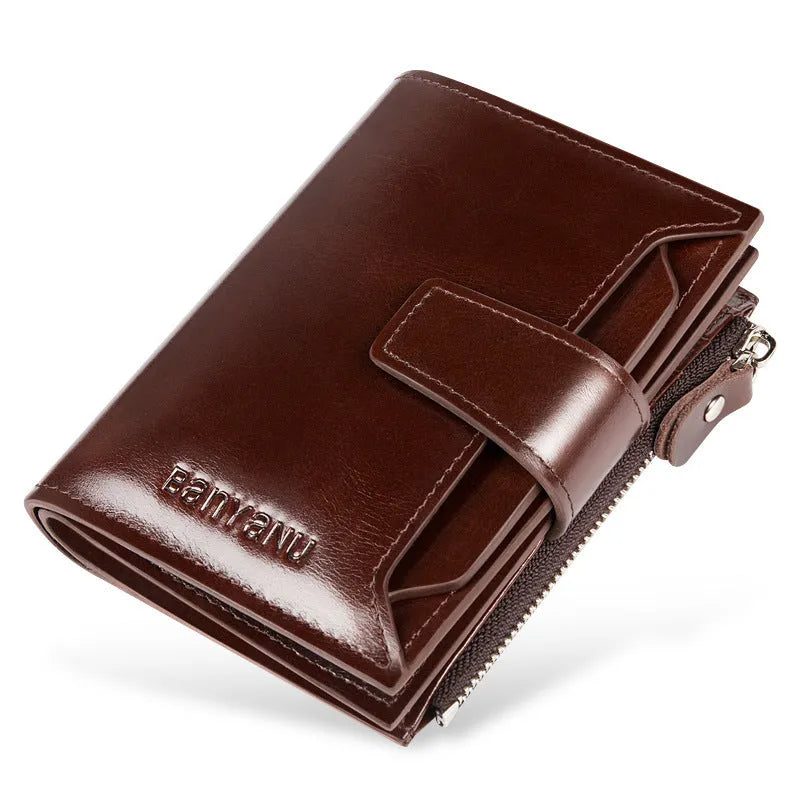 Vintage men's genuine leather anti-theft RFID wallet in brown oil wax bifold style