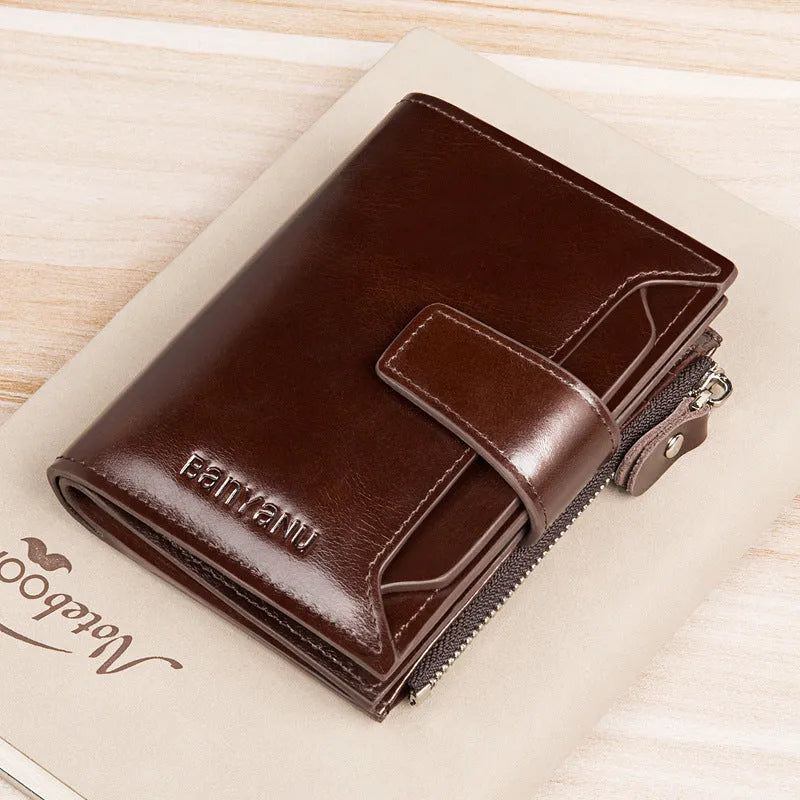 Vintage men's genuine leather anti-theft RFID wallet in brown oil wax bifold style