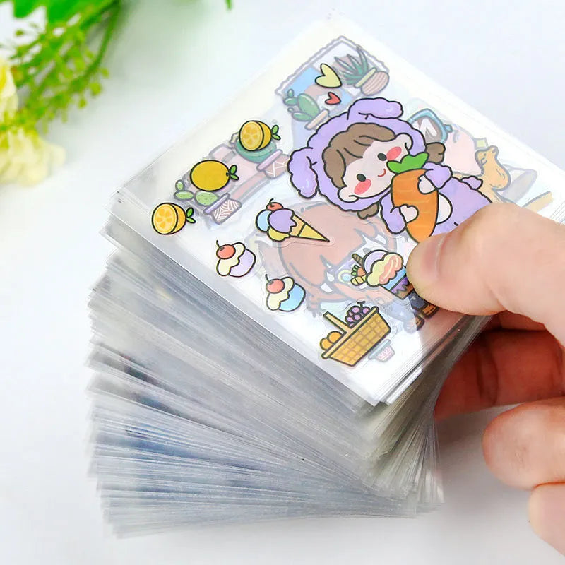 Sheet of 100 non-duplicate PET cartoon journal stickers in 6x6cm size on white background