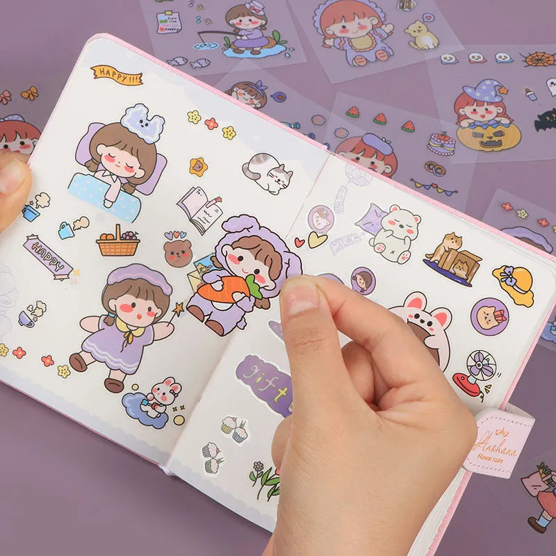Sheet of 100 non-duplicate PET cartoon journal stickers in 6x6cm size on white background