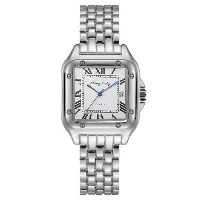 Square quartz watch with stainless steel strap, alloy watchcase, 28mm dial, shown in silver white, gold or rose gold colour options.