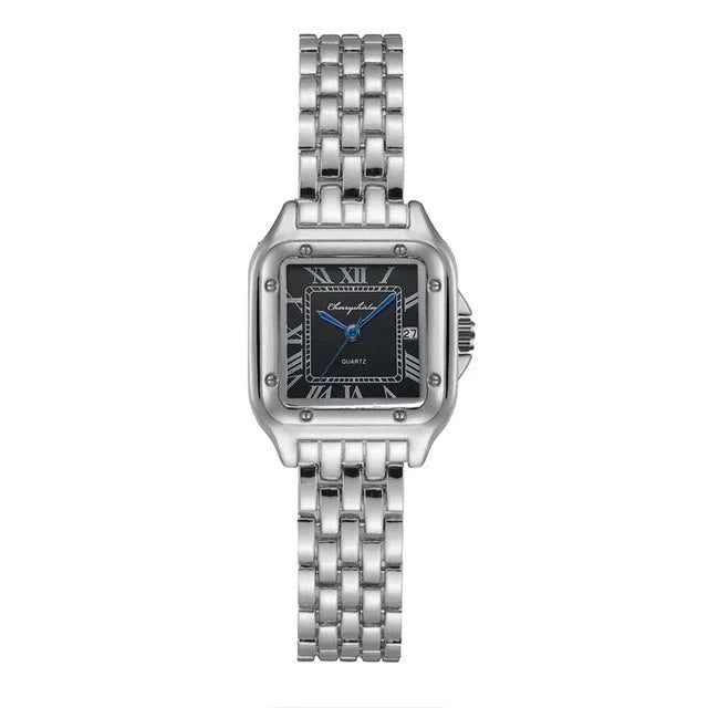 Square quartz watch with stainless steel strap, alloy watchcase, 28mm dial, shown in silver white, gold or rose gold colour options.
