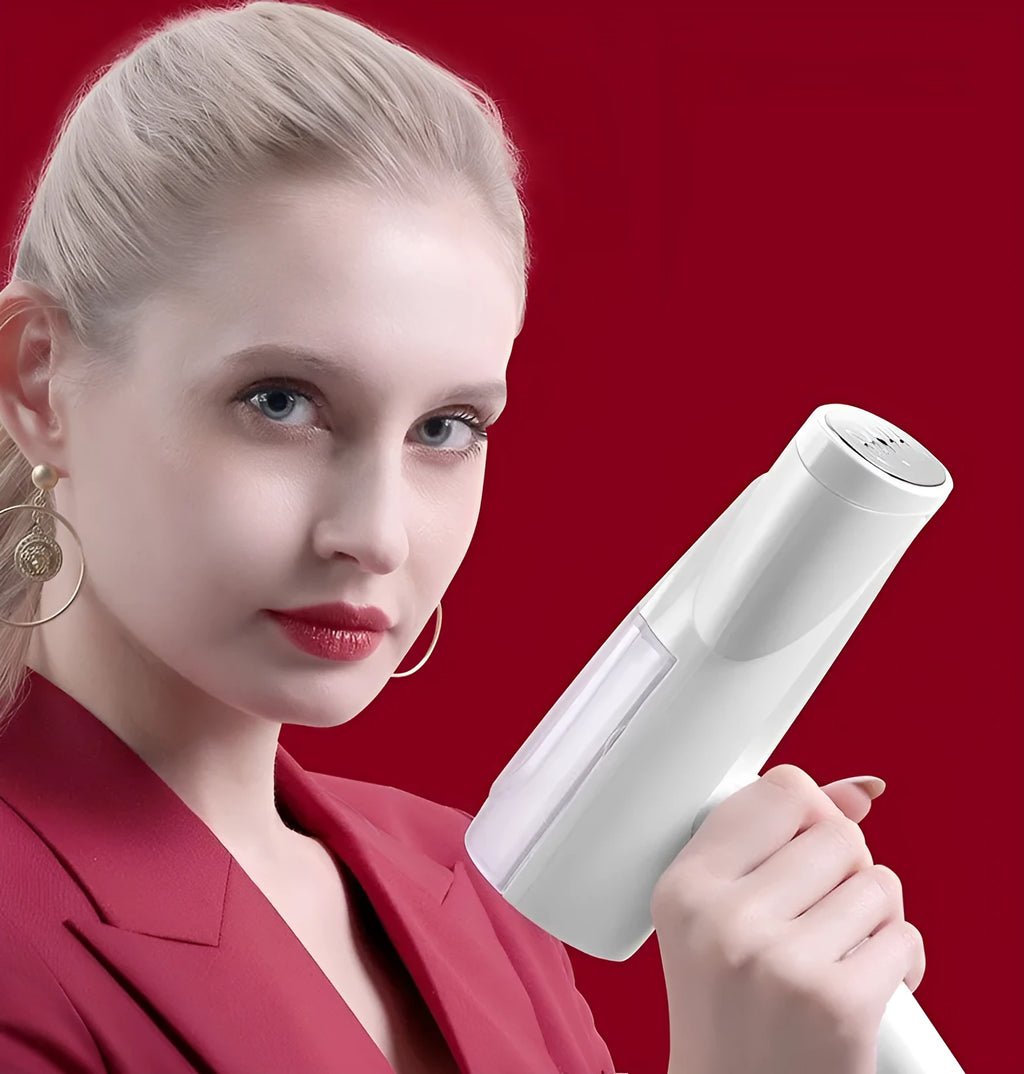White folding ironing machine with 800W steam, measuring 10x6.2x18cm folded, on a plain background