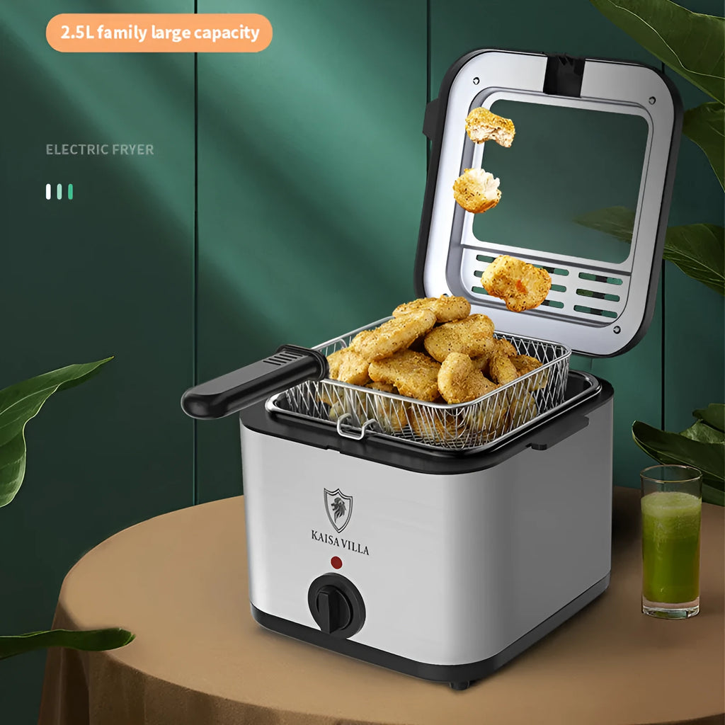Silver electric air fryer with transparent cooking chamber and detachable frying basket