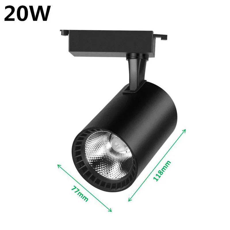 LED track spotlight in black with 24-degree beam angle and 10W power, suitable for jewellery and retail lighting