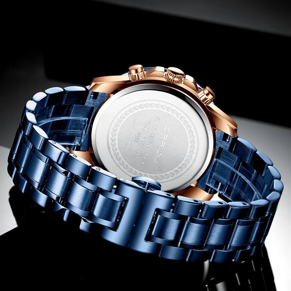 Multi-function six-needle chronograph watch with stainless steel strap and IP blue alloy case model 2280