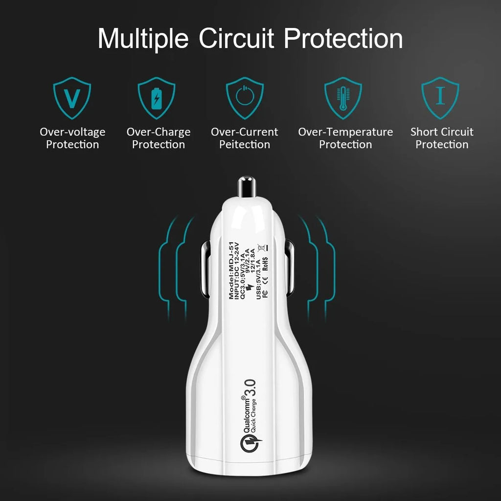 Quick Charge 3.0 dual USB car charger 36W with LED light and expanded back seat port, black or white