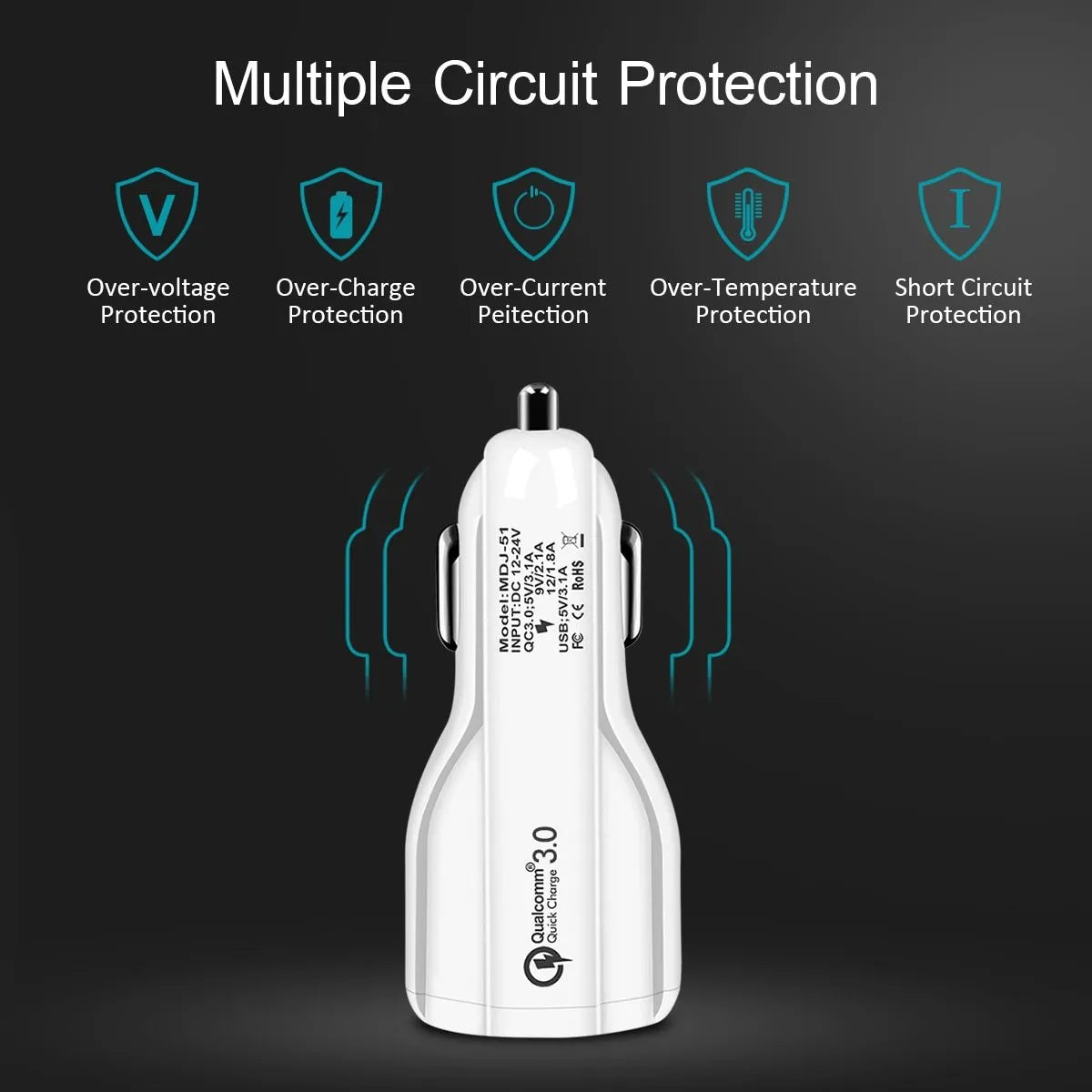 Quick Charge 3.0 dual USB car charger 36W with LED light and expanded back seat port, black or white