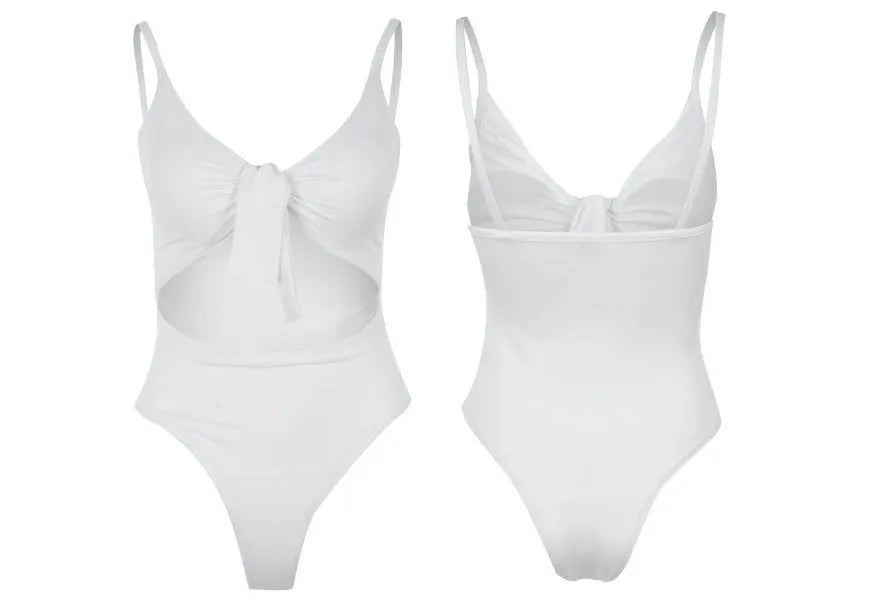 One-piece swimsuit tie knot print open back solid colour women's polyester swimsuit ZC2520