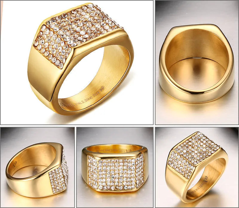 Gold titanium steel men's ring with geometric diamond-treated surface, available in sizes 7 to 12.