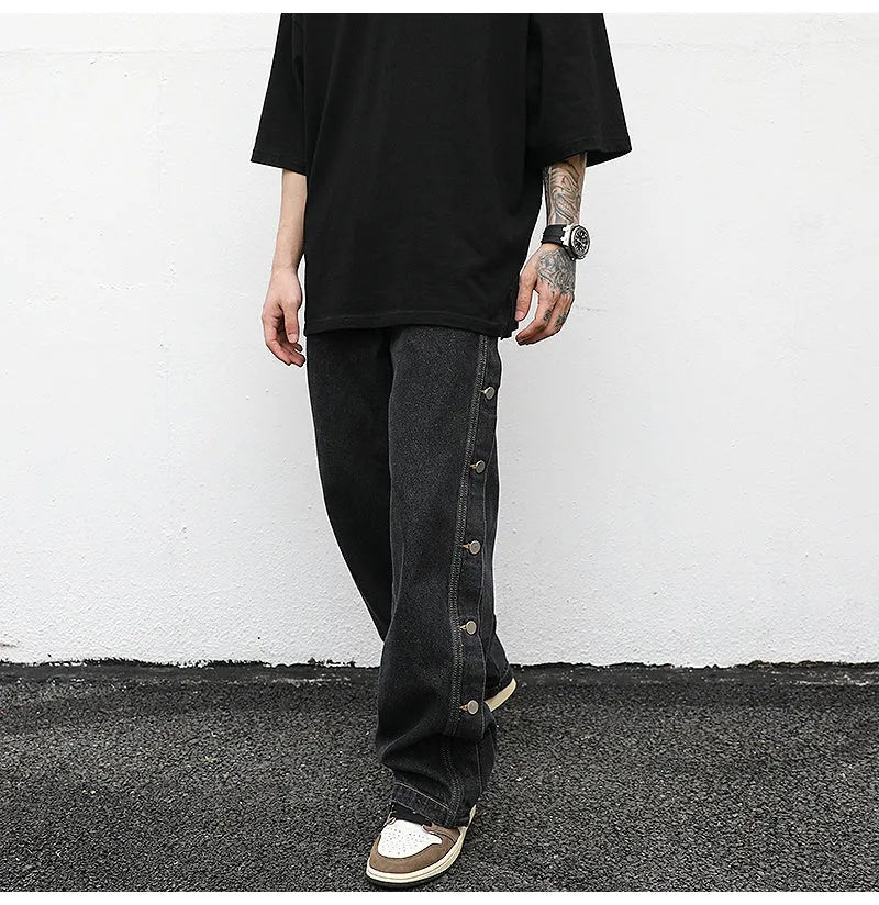 Straight loose cotton jeans for women, medium low waist, zip fly, in black and light blue, sizes M L XL