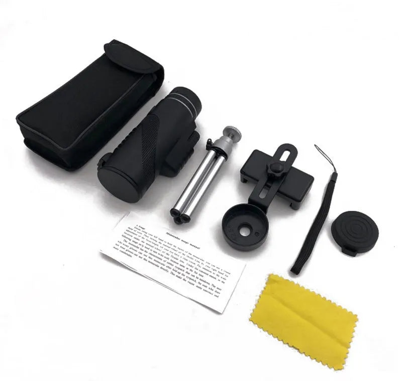 Black 40x60 HD monocular telescope with smartphone compatibility for long-range observation.