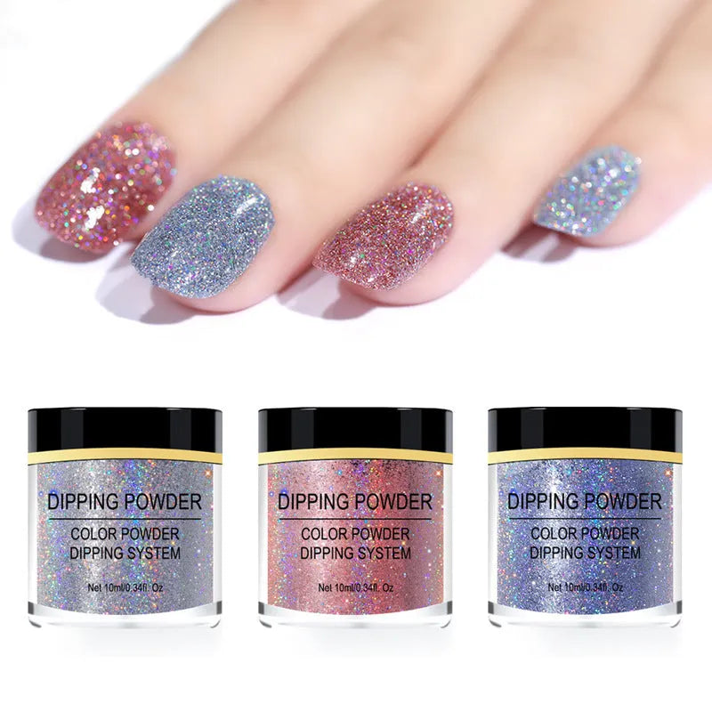 Laser glitter nail powder in a dish with a brush, showing sparkling particles for dip application