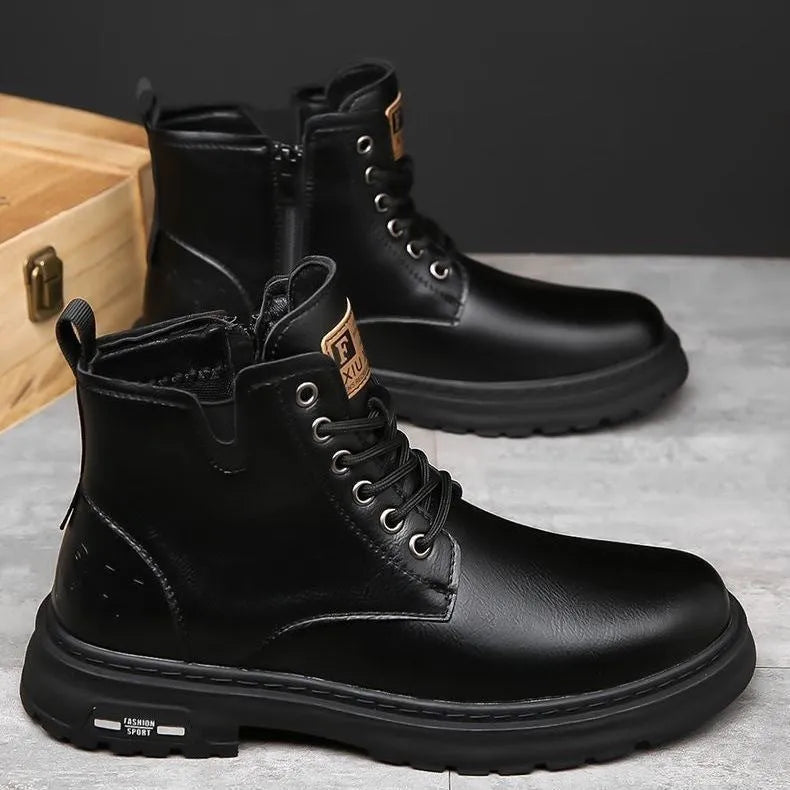 Men's black lace-up work boots with round toe and thick rubber sole for outdoor use