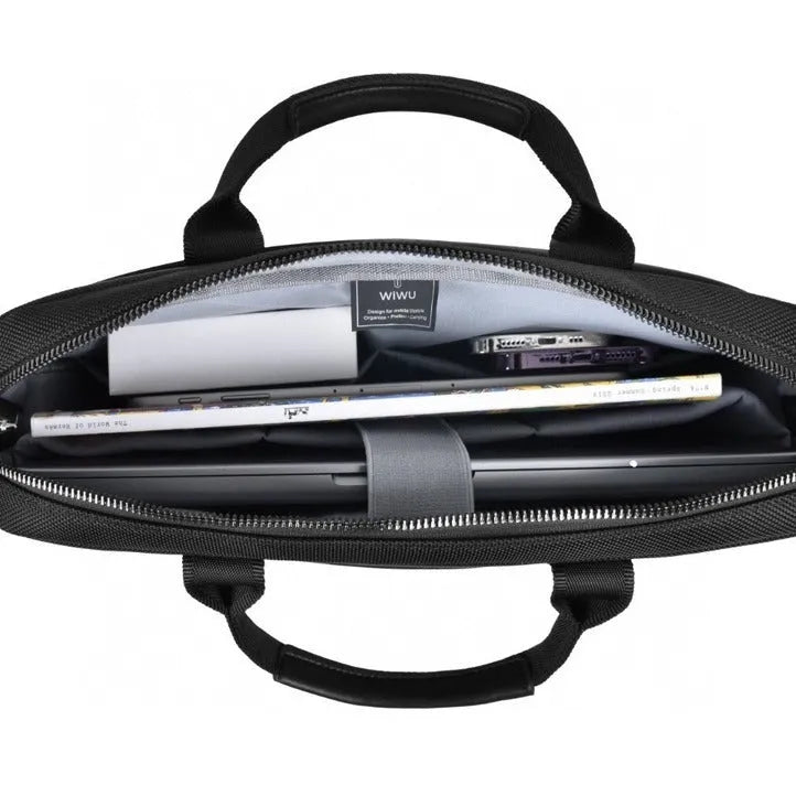 Black Oxford cloth laptop backpack showing multiple compartments and a lockable zip.