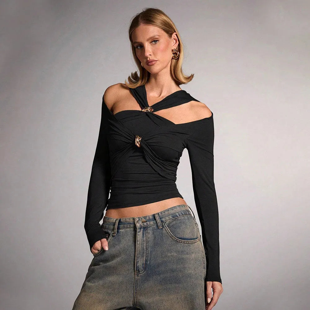 Black women's slim fit halter top with long sleeves, shown on a model.