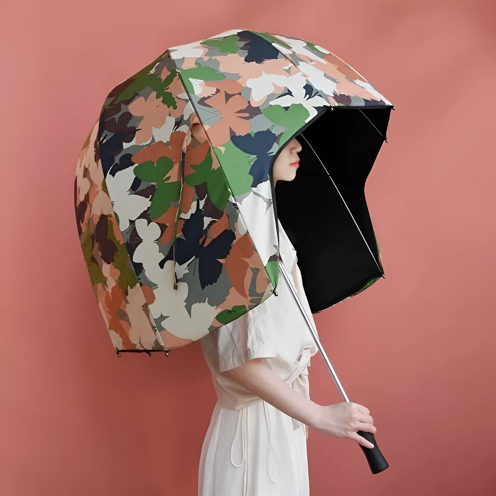 Long-handled helmet umbrella open showing 76cm diameter canopy in a vinyl-laminated fabric design.