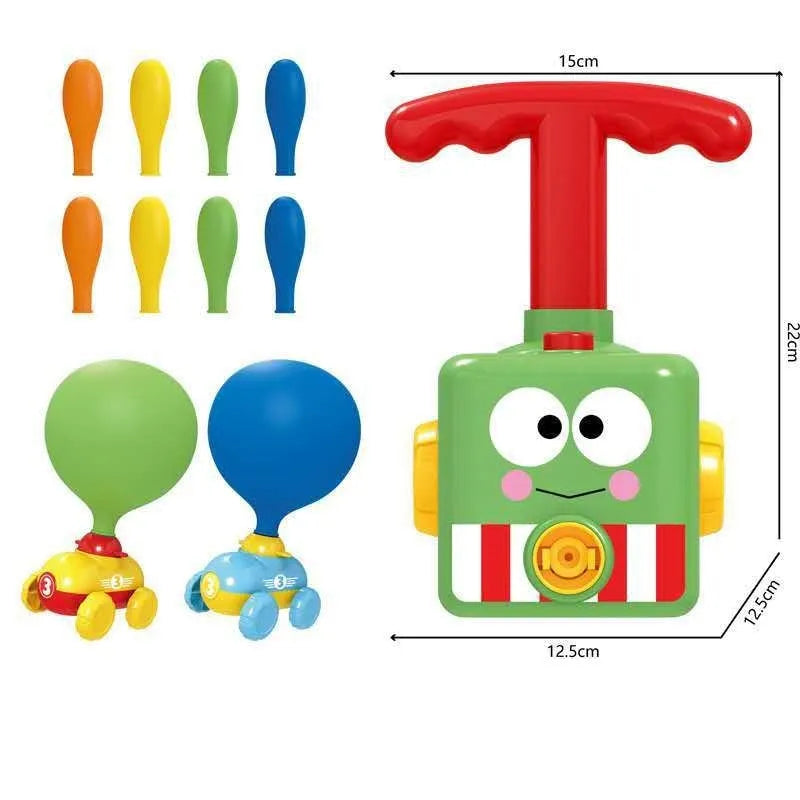 Children's air balloon powered car toy set with 2 ABS plastic cars and 12 balloons on a white background