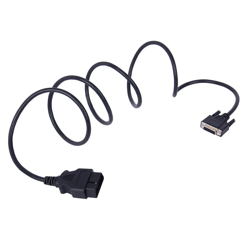 Black OBD2 male to DB26 female extension cable 180cm long with connectors visible