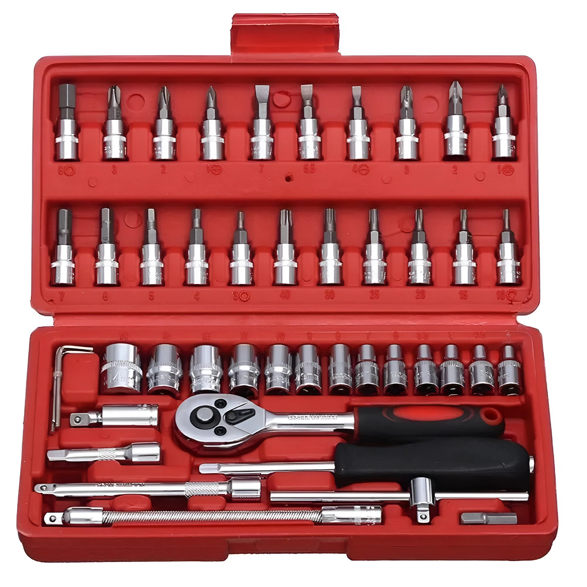 46 piece chrome vanadium steel socket set with ratchet handle, bits, and extensions in a red case
