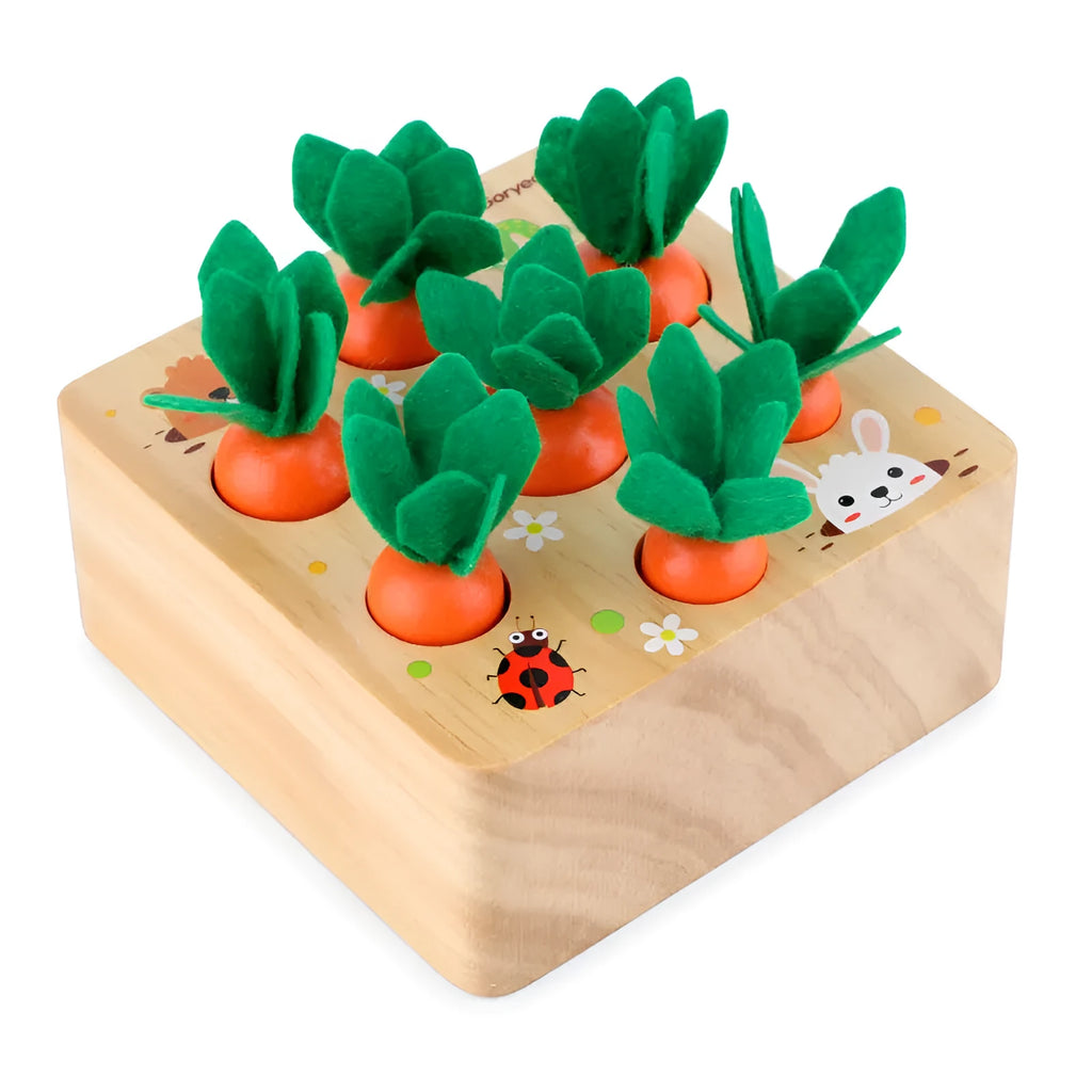 Wooden educational toy shaped like harvest carrots for toddler cognitive development.